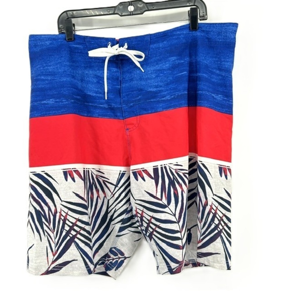 Old Navy California Mens Board Shorts Size 38 Tropical Palm Colorblock Blue Red